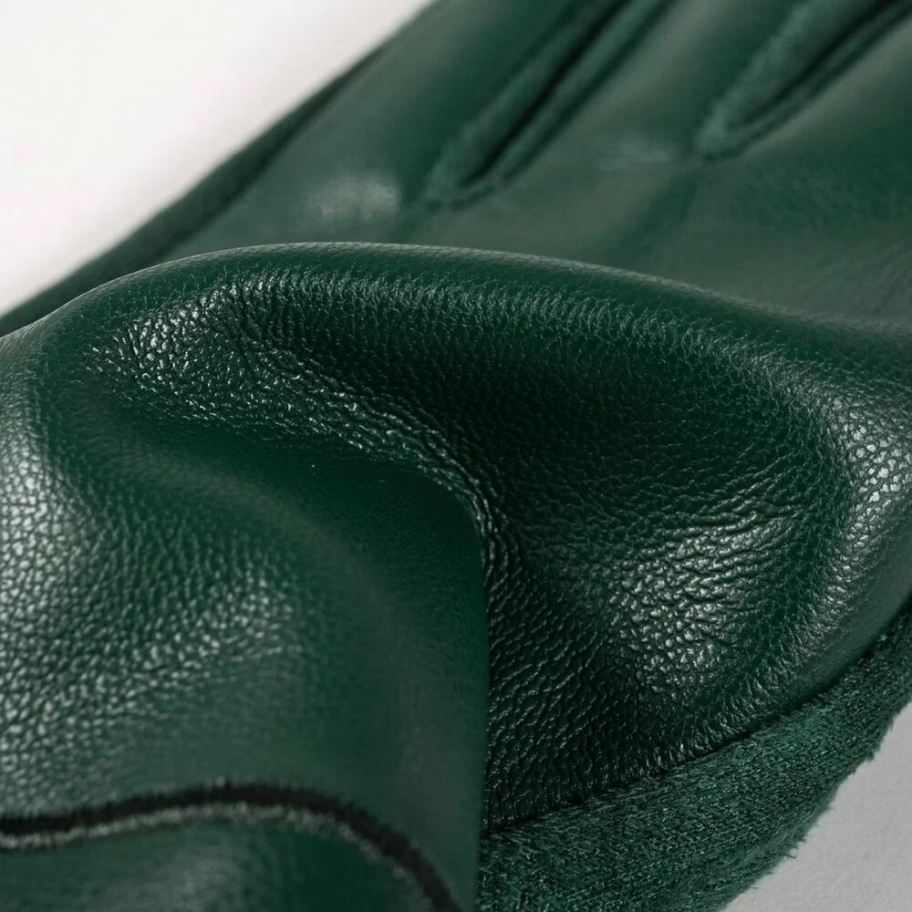 Women's Green Winter Leather Suede Gloves Wool Lined Windproof Touchscreen